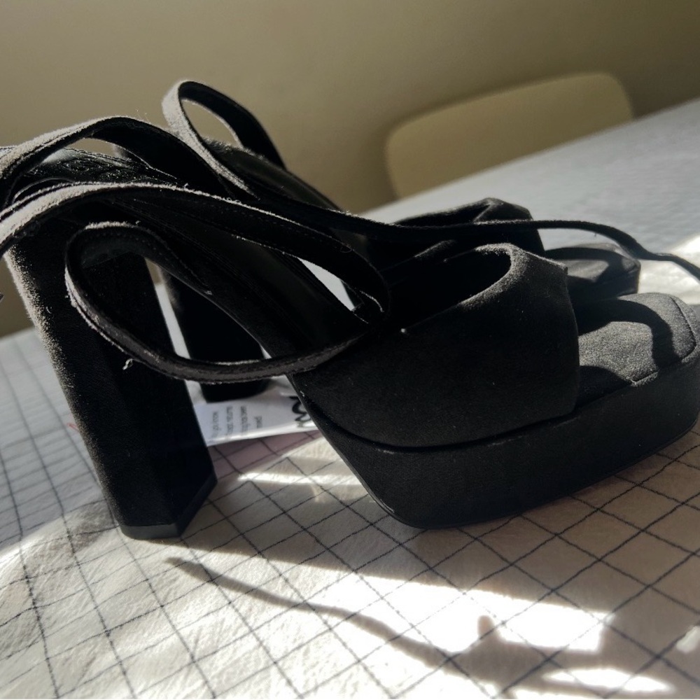 ASOS Black Suede Platform Block Heel Sandals with Wrap Straps